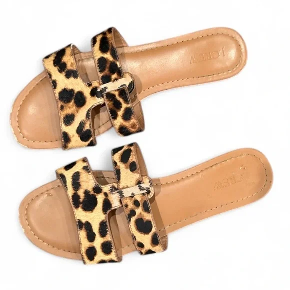 J. Crew Factory Beachside Slides Tan Leopard Calf Hair Sandals Size 8 - Picture 4 of 11